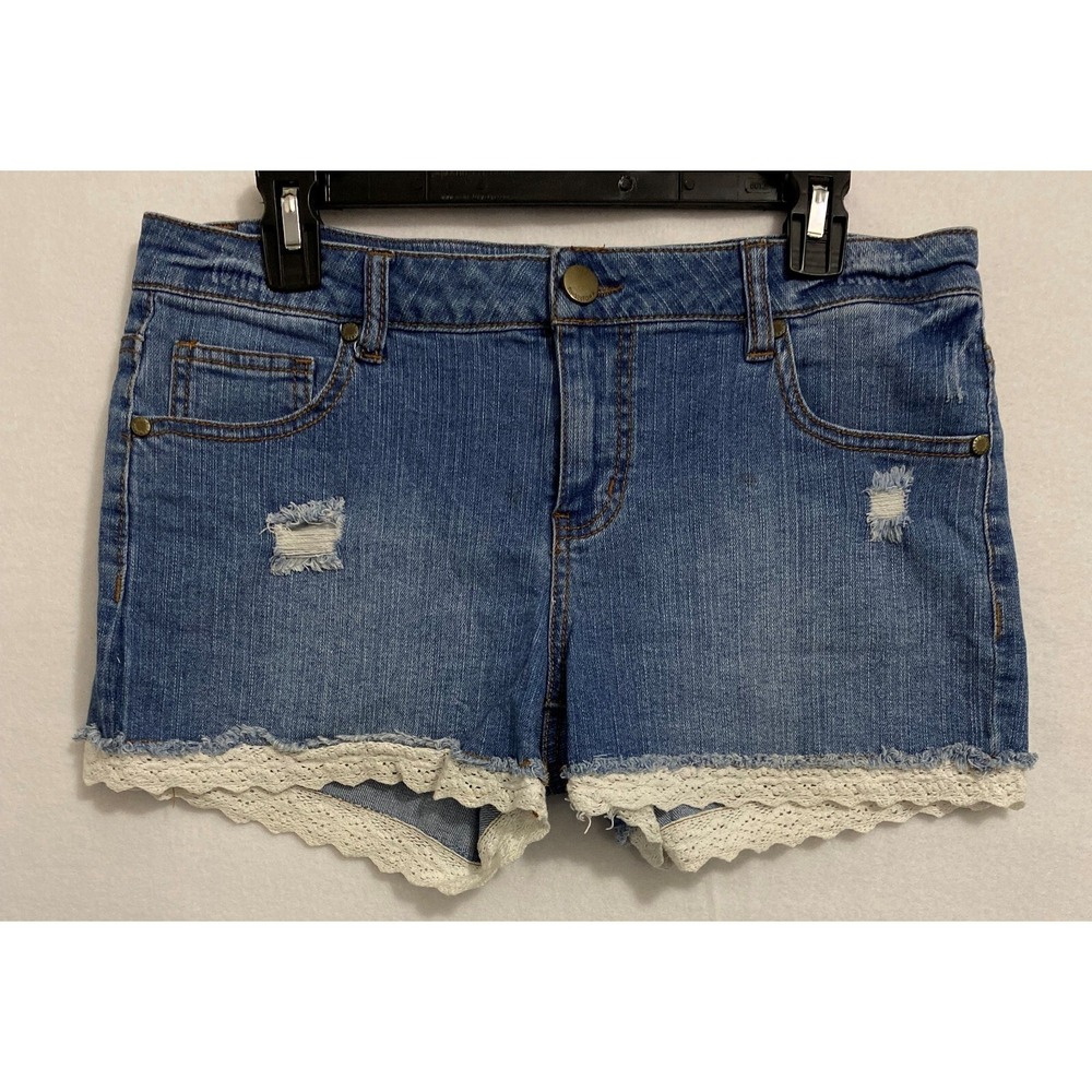 Tinseltown Cut-Off Lace Mid-Rise Distressed Jean Shorts Women's Size ~ 11
